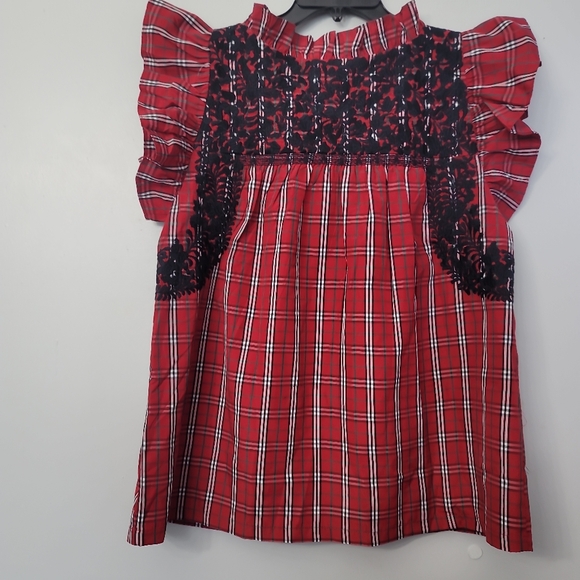 J.Marie Rayna Embroidered Plaid Cap Sleeve Ruffle Neck Top - Picture 8 of 13